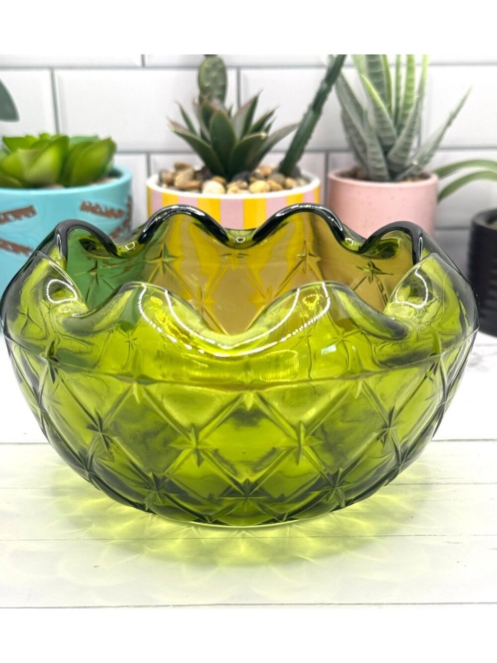 Vintage Green Glass Bowl With Quilted Diamond Pattern & Ruffled Edge